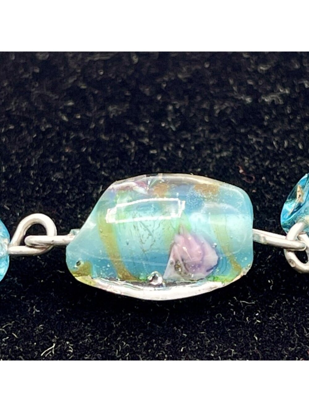 Handmade Glass Bead Lavalier Necklace Teal Gold Pink Rose Sterling Vintage 1950s - Picture 12 of 13
